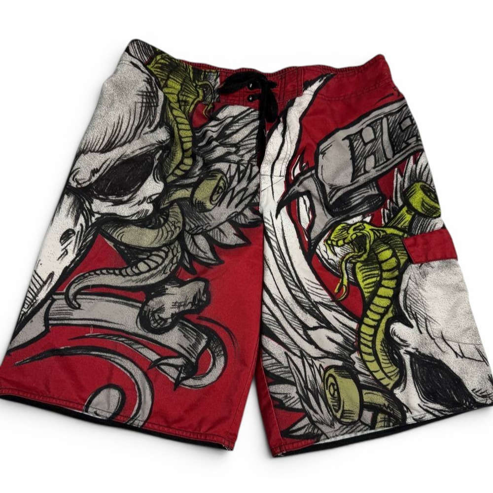 Hawk Board Shorts Mens Large Red Skull Snake Graphic Surf Swim Trunks